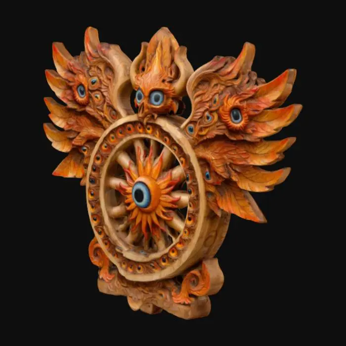3D model for an intricately carved wooden sculpture of a flaming wheel with multiple eyes and wings, many eyeballs, highly detailed,