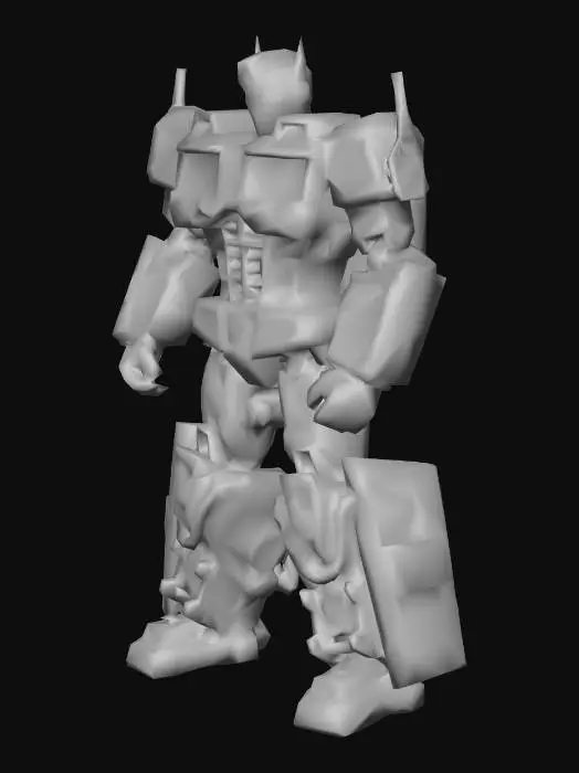 3D model for Create a fully detailed 3D model of Optimus Prime from Transformers. The model should be in a heroic standing pose, with signature red and blue colors, metallic textures, glowing blue eyes, and articulated joints suitable for animation. Include realistic mechanical details on arms, legs, and chest, with accurate Autobot insignia on shoulders. The model should be low-to-medium poly, game-ready, fully rigged for movement and battle animations. Lighting should accentuate metallic surfaces with subtle reflections. Background should be transparent for easy import into a 3D scene. Deliverable must include mesh, UV maps, and textures. Ensure the model is faithful to the cinematic design, with high-quality details visible up close.