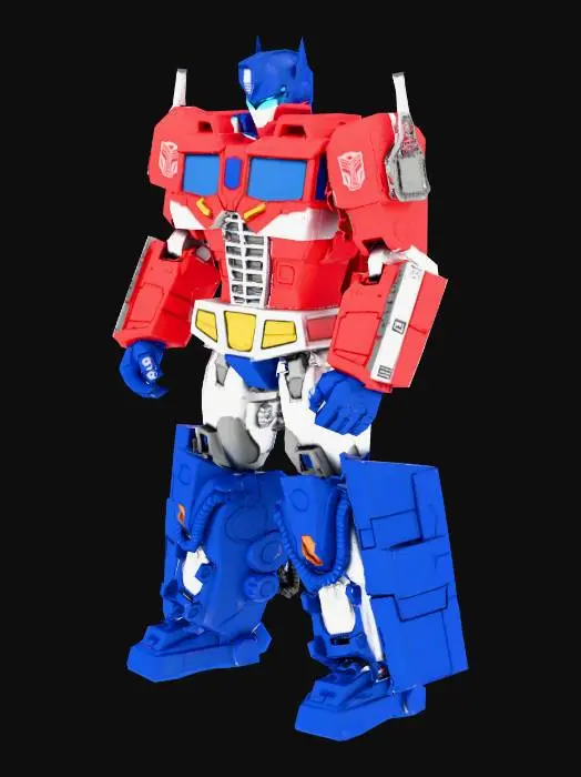 3D model for Create a fully detailed 3D model of Optimus Prime from Transformers. The model should be in a heroic standing pose, with signature red and blue colors, metallic textures, glowing blue eyes, and articulated joints suitable for animation. Include realistic mechanical details on arms, legs, and chest, with accurate Autobot insignia on shoulders. The model should be low-to-medium poly, game-ready, fully rigged for movement and battle animations. Lighting should accentuate metallic surfaces with subtle reflections. Background should be transparent for easy import into a 3D scene. Deliverable must include mesh, UV maps, and textures. Ensure the model is faithful to the cinematic design, with high-quality details visible up close.