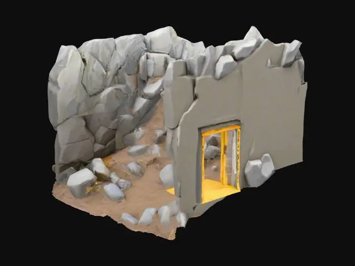3D model for A steep, 50-degree rockslide slope inspired by Takeshi’s Castle, covered in jagged terrain, slick mud, and rolling foam boulders. The sides are lined with high stone walls featuring alcoves carved into them—narrow hideouts just big enough for one person. Each alcove has yellow hazard tape, blinking red lights, and a sliding foam door that activates after 3 seconds, forcing players out. Boulders tumble from the top, bouncing chaotically and kicking up dust. The base has padded mats and sand to absorb impact. The environment is outdoors in daylight with strong shadows and jungle vegetation surrounding the slope. The scene is viewed from a wide cinematic angle with realistic high-poly modeling, motion blur, and dynamic lighting to capture the chaos and fun of the challenge