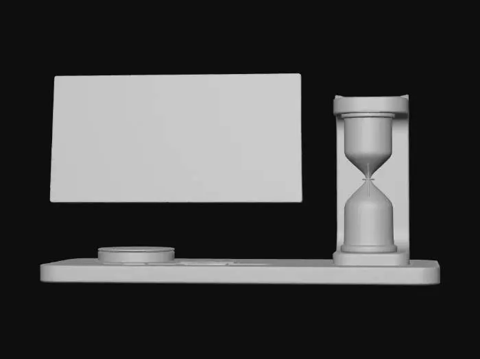 3D model for A photorealistic 3D model of a futuristic architect's desk organizer. It features a minimalist asymmetrical design with a central slanted monitor, slots for holographic pens, and a levitating hourglass. Materials: anodized dark blue aluminum for the base, matte carbon fiber for accents, and a glass-like translucent plastic for the hourglass. Rendered on a white acrylic surface with soft studio lighting, clean product shot.