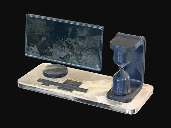 3D model for A photorealistic 3D model of a futuristic architect's desk organizer. It features a minimalist asymmetrical design with a central slanted monitor, slots for holographic pens, and a levitating hourglass. Materials: anodized dark blue aluminum for the base, matte carbon fiber for accents, and a glass-like translucent plastic for the hourglass. Rendered on a white acrylic surface with soft studio lighting, clean product shot.