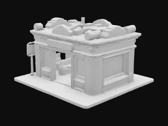 3D model for Cyberpunk storefront with 4 walls, roof, and floor—empty interior for player entry. Fits neon-lit city, uses dark blue and purple base tones with bright cyan and pink accents. Include display window or entry panel, vents, pipes, and glowing signs. Roof is flat with minor sci-fi details. Style is gritty, semi-realistic like Blade Runner or Cyberpunk 2077. Designed to be modular and walkable.