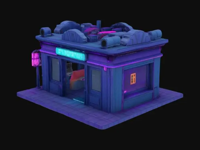 3D model for Cyberpunk storefront with 4 walls, roof, and floor—empty interior for player entry. Fits neon-lit city, uses dark blue and purple base tones with bright cyan and pink accents. Include display window or entry panel, vents, pipes, and glowing signs. Roof is flat with minor sci-fi details. Style is gritty, semi-realistic like Blade Runner or Cyberpunk 2077. Designed to be modular and walkable.