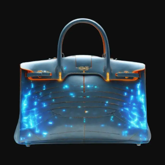 3D model for Design a futuristic hermes-inspired  purse with a sleek, glossy The purse should blend early 2000s nostalgia with sci-fi elements—. The bag’s surface may feature dynamic shimmer effects, embedded micro-lights, or soft circuitry patterns. Overall, it should feel playful, stylish, and tech-enhanced—like a fashion accessory from a retro-futuristic world."