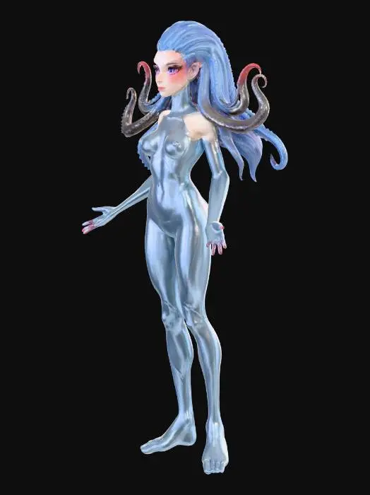3D model for Anime character concept art, 2D digital illustration, full body shot facing forward. A female aquatic humanoid character with short light blue hair, purple highlights, and pointy elf ears. She has large purple anime eyes and a gentle smile. Her body is covered in a glossy, wet-look light blue skin-tight suit (or skin) with two distinct white spiral swirl patterns on the chest. Her arms are replaced by two large, long octopus tentacles that curve outwards; the tentacles have a color gradient from blue at the shoulders to violet at the tips, with detailed violet suckers visible on the underside. Her legs are human-like but end in featureless, flat, fin-like feet without toes. Standing pose against a solid, pure black background. Clean line art, cel-shaded style.