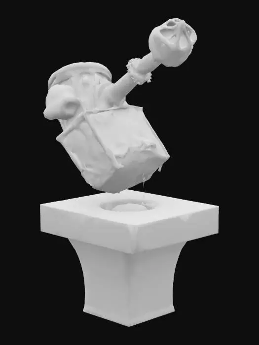 3D model for A glowing hammer striking an anvil, emitting sparks, in a fantasy art style. The hammer is ornate with intricate engravings, and the scene is depicted in a semi-realistic illustration. The image has a transparent background.