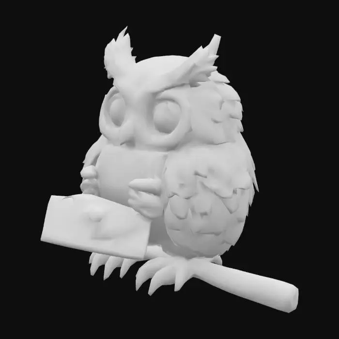 3D model for The image depicts a stylized, cartoonish owl with distinct feather patterns and textures, holding an envelope sealed with a red wax stamp in its beak, sitting on a branch.