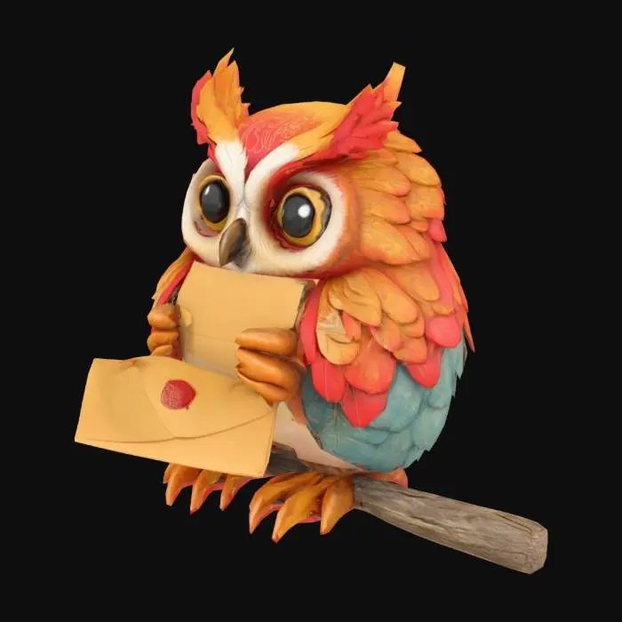 3D model for The image depicts a stylized, cartoonish owl with distinct feather patterns and textures, holding an envelope sealed with a red wax stamp in its beak, sitting on a branch.