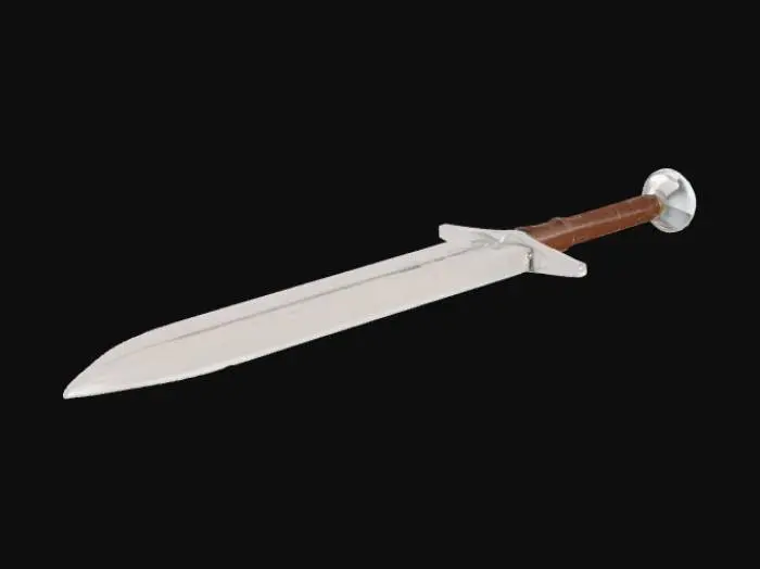 3D model for A stylized low-poly medieval sword, optimized for video games, clean geometry, UV unwrapped, PBR materials (polished steel blade, brown leather handle), game-ready topology, consistent scale, FBX format.