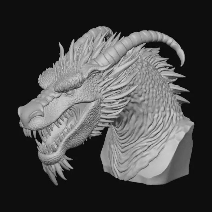 3D model for A colossal, extremely massive, and broad European dragon head bust, Smaug-style. The head features a very wide snout and powerful, thick jaws, heavily armored with dense, jagged scales and abundant, sharp, robust spikes on the brow and along the entire back of the head. Massive, curved horns sweep backward. The neck is exceptionally thick, short, and muscular, with a cylindrical, very wide base for stability. **The mouth is gaping wide open, roaring sharply upwards towards the sky, almost vertically, with a powerful upward thrust.** The entire model stands on a perfectly flat, thick, round pedestal base with a large diameter (approx. 100mm wide). Rugged, ancient stone and scale texture. High fidelity, realistic fantasy style, sturdy geometry optimized for 3D printing.