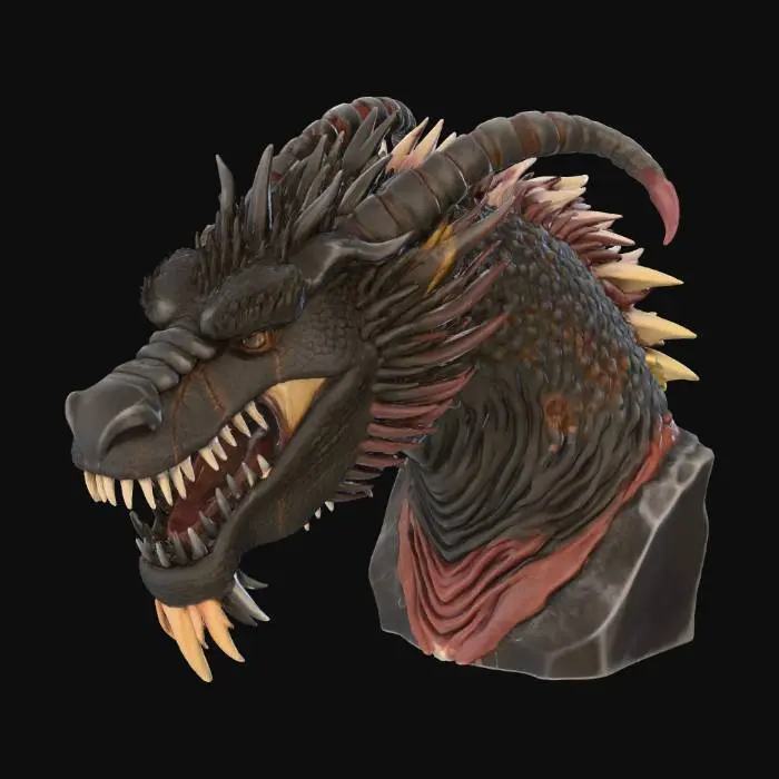 3D model for A colossal, extremely massive, and broad European dragon head bust, Smaug-style. The head features a very wide snout and powerful, thick jaws, heavily armored with dense, jagged scales and abundant, sharp, robust spikes on the brow and along the entire back of the head. Massive, curved horns sweep backward. The neck is exceptionally thick, short, and muscular, with a cylindrical, very wide base for stability. **The mouth is gaping wide open, roaring sharply upwards towards the sky, almost vertically, with a powerful upward thrust.** The entire model stands on a perfectly flat, thick, round pedestal base with a large diameter (approx. 100mm wide). Rugged, ancient stone and scale texture. High fidelity, realistic fantasy style, sturdy geometry optimized for 3D printing.