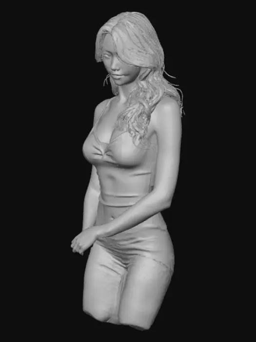 3D model for 白いキャミソールを着て座っている日本人女性 / 髪型はセミロングのストレート