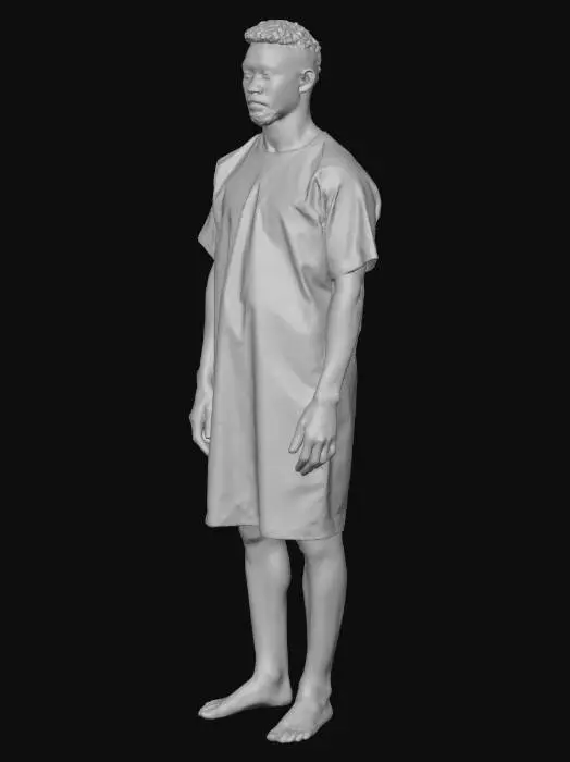 3D model for Photorealistic 3D human character: a 25-year-old male patient. Wearing a light blue hospital gown (modest, fully covering). Arms relaxed along the sides, palms facing down; legs straight. Correct human proportions and anatomy. Single character only, centered, full body visible. No equipment, no bed, no pillow, no room, no props, no background. PBR materials (skin and cloth), clean UVs, game-ready topology, closed mesh, no clipping or self-intersections, approximately 1.75 m tall scale, about 20k–40k triangles.
