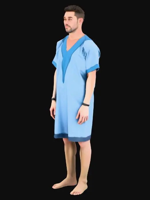 3D model for Photorealistic 3D human character: a 25-year-old male patient. Wearing a light blue hospital gown (modest, fully covering). Arms relaxed along the sides, palms facing down; legs straight. Correct human proportions and anatomy. Single character only, centered, full body visible. No equipment, no bed, no pillow, no room, no props, no background. PBR materials (skin and cloth), clean UVs, game-ready topology, closed mesh, no clipping or self-intersections, approximately 1.75 m tall scale, about 20k–40k triangles.