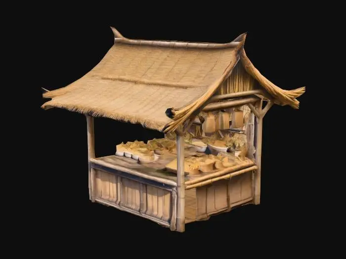 3D model for a market stand from a chinise village, with bamboo and wheat roof