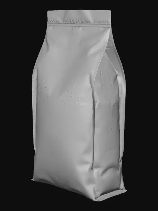3D model for A realistic 3D model of a standing coffee bag with a flat bottom and sealed top. The bag has a smooth, solid matte black finish with no crinkles, no wrinkles, and no label. Clean modern design, sharp edges, premium packaging style, designed for 250g coffee beans. Simple and elegant, suitable for adding custom branding later. High-quality PBR textures with subtle soft reflections