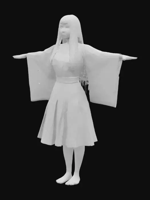 3D model for босая девушка в красной юбке и чёрном кимоно, волосы длинные чёрные, стоит расставив руки в стороны (в позе буквы Т), смотрит прямо перед собой, стоит прямо