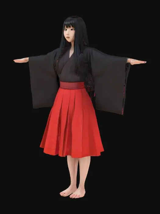 3D model for босая девушка в красной юбке и чёрном кимоно, волосы длинные чёрные, стоит расставив руки в стороны (в позе буквы Т), смотрит прямо перед собой, стоит прямо