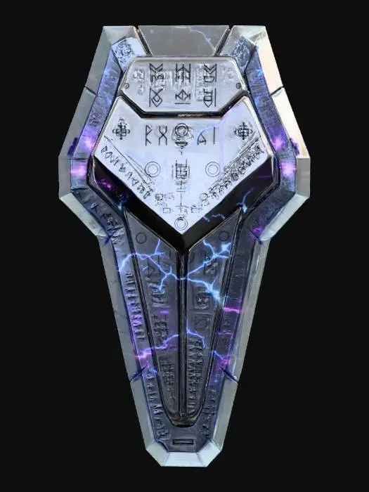 3D model for A Mobile Suit shield design, featuring complex, etched runes and a vibrant, cracked plasma energy layer, holographic effect, 4K render