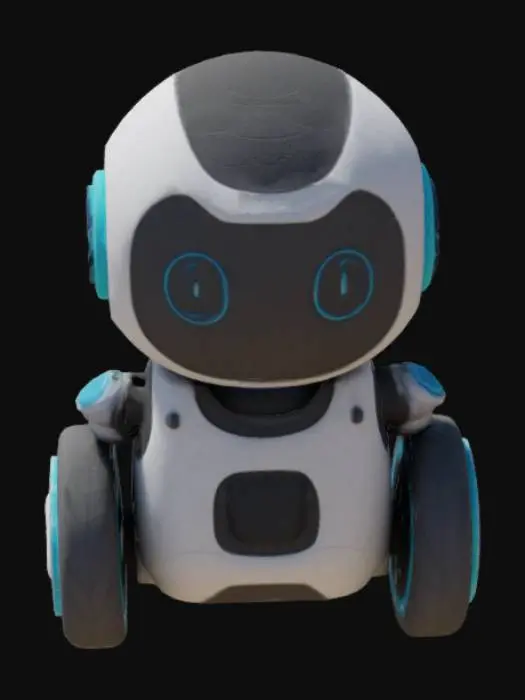 3D model for small but functionable, friendly appearance, airodinamic, colors white, neon blue, and black 
