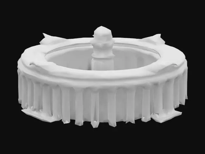 3D model for A towering dark fantasy castle coloseum temple inspired by ancient Greek necropolis architecture. The base is a wide, circular marble platform cracked by age, surrounded by 12 tall obsidian Doric columns that lean slightly inward. At the center rises a spiraling hexagonal tower made of black stone and silver-veined onyx. Its windows are deep, narrow slits glowing with soft blue light. The upper tier is crowned with a fractured crystal dome hovering just above the roof via ancient levitation glyphs. The entrance is guarded by two massive serpent-statues carved from basalt. Vines of bronze twist along the columns like veins. Every surface is engraved with runes predicting forgotten prophecies. Designed with real structural balance, printable modular design, no floating geometry., #arch#