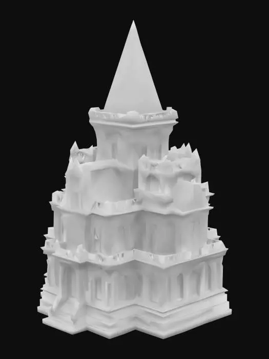 3D model for Design of a three-story castle-like building that combines ancient Greek and gothic architectural styles. The structure has a symmetrical rectangular footprint with a central tall tower. Main materials: white marble, dark stone accents. The building includes Corinthian columns on all facades, pointed gothic arch windows, a grand central staircase, decorative pediments, and a tiled dome above the tower. Gothic buttresses support the side walls, and stained-glass style window frames are inset in upper levels. Roofs are tiered with bronze-colored ornamentation. All structural elements are consistent and proportionally designed for real-world construction. No surrounding landscape, plain background., #arch#