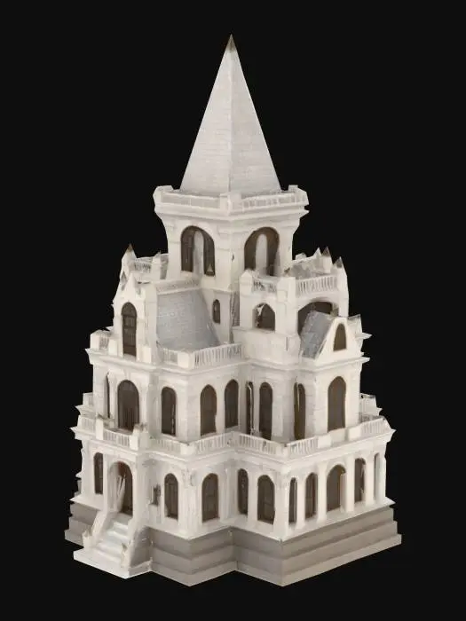 3D model for Design of a three-story castle-like building that combines ancient Greek and gothic architectural styles. The structure has a symmetrical rectangular footprint with a central tall tower. Main materials: white marble, dark stone accents. The building includes Corinthian columns on all facades, pointed gothic arch windows, a grand central staircase, decorative pediments, and a tiled dome above the tower. Gothic buttresses support the side walls, and stained-glass style window frames are inset in upper levels. Roofs are tiered with bronze-colored ornamentation. All structural elements are consistent and proportionally designed for real-world construction. No surrounding landscape, plain background., #arch#
