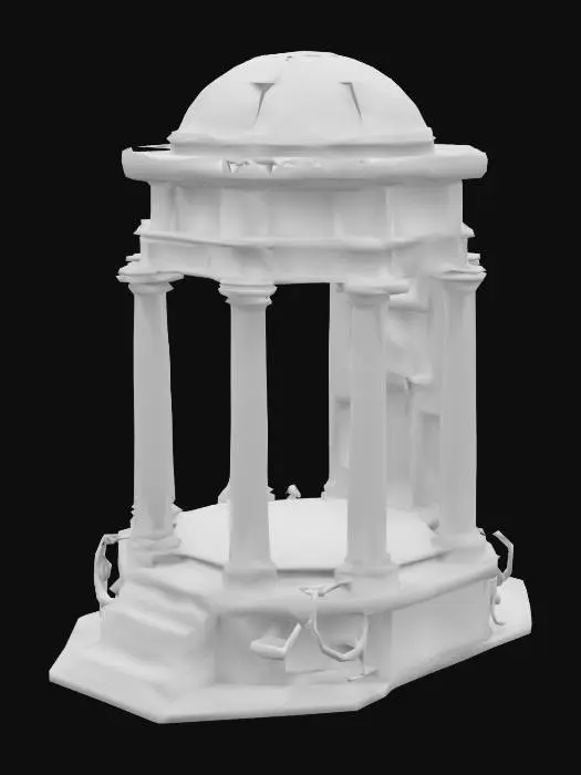 3D model for A towering dark fantasy temple inspired by ancient Greek necropolis architecture. The base is a wide, circular marble platform cracked by age, surrounded by 12 tall obsidian Doric columns that lean slightly inward. At the center rises a spiraling hexagonal tower made of black stone and silver-veined onyx. Its windows are deep, narrow slits glowing with soft blue light. The upper tier is crowned with a fractured crystal dome hovering just above the roof via ancient levitation glyphs. The entrance is guarded by two massive serpent-statues carved from basalt. Vines of bronze twist along the columns like veins. Every surface is engraved with runes predicting forgotten prophecies. Designed with real structural balance, printable modular design, no floating geometry., #arch#