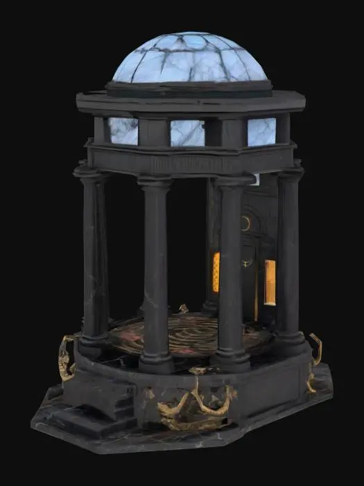 3D model for A towering dark fantasy temple inspired by ancient Greek necropolis architecture. The base is a wide, circular marble platform cracked by age, surrounded by 12 tall obsidian Doric columns that lean slightly inward. At the center rises a spiraling hexagonal tower made of black stone and silver-veined onyx. Its windows are deep, narrow slits glowing with soft blue light. The upper tier is crowned with a fractured crystal dome hovering just above the roof via ancient levitation glyphs. The entrance is guarded by two massive serpent-statues carved from basalt. Vines of bronze twist along the columns like veins. Every surface is engraved with runes predicting forgotten prophecies. Designed with real structural balance, printable modular design, no floating geometry., #arch#