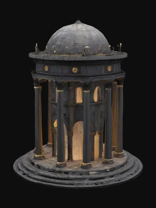 3D model for A towering dark fantasy castle coloseum inspired by ancient Greek necropolis architecture. The base is a wide, circular marble platform cracked by age, surrounded by 12 tall obsidian Doric columns that lean slightly inward. At the center rises a spiraling hexagonal tower made of black stone and silver-veined onyx. Its windows are deep, narrow slits glowing with soft blue light. The upper tier is crowned with a fractured crystal dome hovering just above the roof via ancient levitation glyphs. The entrance is guarded by two massive serpent-statues carved from basalt. Vines of bronze twist along the columns like veins. Every surface is engraved with runes predicting forgotten prophecies. Designed with real structural balance, printable modular design, no floating geometry., #arch#
