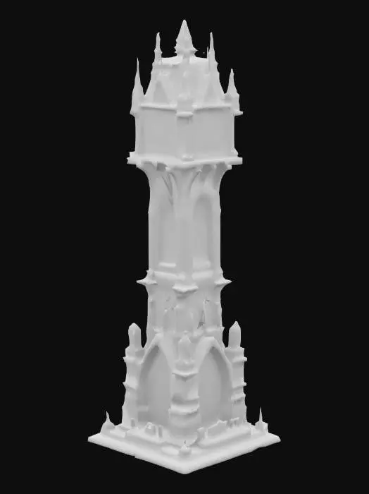 3D model for A tall, stylized Gothic clock tower with twisted architecture, no cracks or damage, inspired by Tim Burton’s fantasy aesthetic. The tower stands atop a large demonic king’s castle base, featuring gothic arches, demon head carvings, pointed spires and a grand throne gate. Grayscale preview render on a gray background, intricate and elongated details.