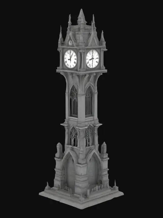 3D model for A tall, stylized Gothic clock tower with twisted architecture, no cracks or damage, inspired by Tim Burton’s fantasy aesthetic. The tower stands atop a large demonic king’s castle base, featuring gothic arches, demon head carvings, pointed spires and a grand throne gate. Grayscale preview render on a gray background, intricate and elongated details.