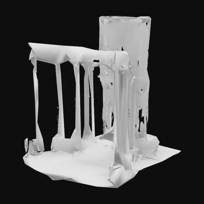 3D model for A towering dark fantasy castle coloseum temple inspired by ancient Greek necropolis architecture. The base is a wide, circular marble platform cracked by age, surrounded by 12 tall obsidian Doric columns that lean slightly inward. At the center rises a spiraling hexagonal tower made of black stone and silver-veined onyx. Its windows are deep, narrow slits glowing with soft blue light. The upper tier is crowned with a fractured crystal dome hovering just above the roof via ancient levitation glyphs. The entrance is guarded by two massive serpent-statues carved from basalt. Vines of bronze twist along the columns like veins. Every surface is engraved with runes predicting forgotten prophecies. Designed with real structural balance, printable modular design, no floating geometry., #arch#