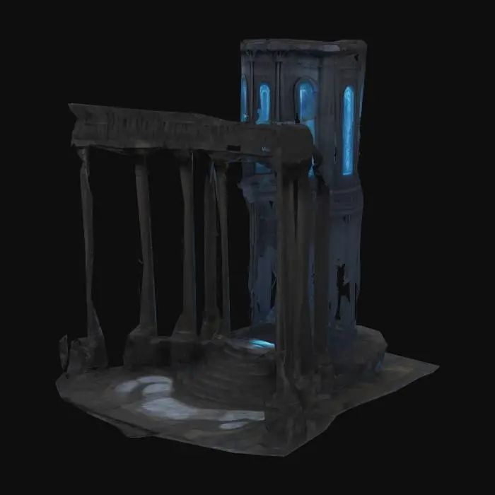 3D model for A towering dark fantasy castle coloseum temple inspired by ancient Greek necropolis architecture. The base is a wide, circular marble platform cracked by age, surrounded by 12 tall obsidian Doric columns that lean slightly inward. At the center rises a spiraling hexagonal tower made of black stone and silver-veined onyx. Its windows are deep, narrow slits glowing with soft blue light. The upper tier is crowned with a fractured crystal dome hovering just above the roof via ancient levitation glyphs. The entrance is guarded by two massive serpent-statues carved from basalt. Vines of bronze twist along the columns like veins. Every surface is engraved with runes predicting forgotten prophecies. Designed with real structural balance, printable modular design, no floating geometry., #arch#