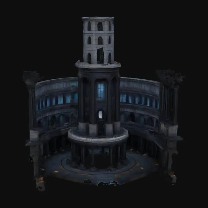 3D model for A towering dark fantasy castle coloseum inspired by ancient Greek necropolis architecture. The base is a wide, circular marble platform cracked by age, surrounded by 12 tall obsidian Doric columns that lean slightly inward. At the center rises a spiraling hexagonal tower made of black stone and silver-veined onyx. Its windows are deep, narrow slits glowing with soft blue light. The upper tier is crowned with a fractured crystal dome hovering just above the roof via ancient levitation glyphs. The entrance is guarded by two massive serpent-statues carved from basalt. Vines of bronze twist along the columns like veins. Every surface is engraved with runes predicting forgotten prophecies. Designed with real structural balance, printable modular design, no floating geometry., #arch#