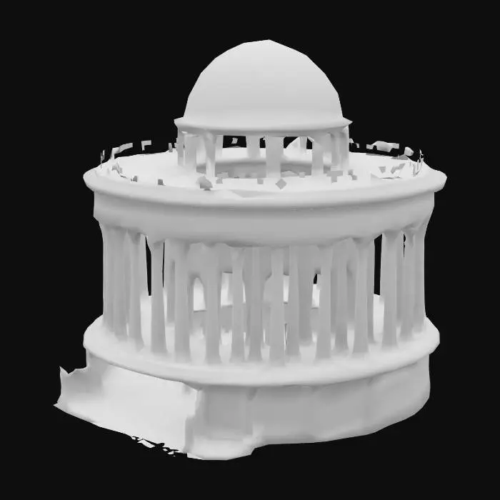 3D model for A towering dark fantasy castle coloseum inspired by ancient Greek necropolis architecture. The base is a wide, circular marble platform cracked by age, surrounded by 12 tall obsidian Doric columns that lean slightly inward. At the center rises a spiraling hexagonal tower made of black stone and silver-veined onyx. Its windows are deep, narrow slits glowing with soft blue light. The upper tier is crowned with a fractured crystal dome hovering just above the roof via ancient levitation glyphs. The entrance is guarded by two massive serpent-statues carved from basalt. Vines of bronze twist along the columns like veins. Every surface is engraved with runes predicting forgotten prophecies. Designed with real structural balance, printable modular design, no floating geometry., #arch#