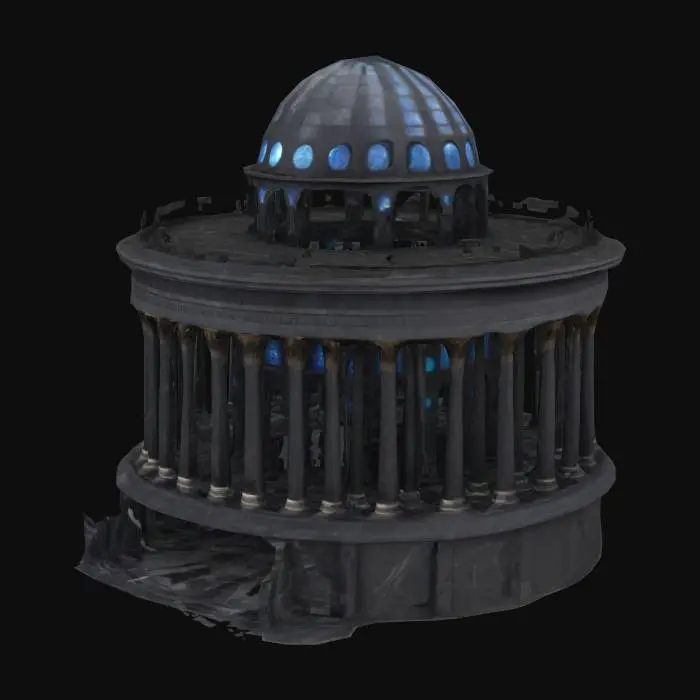 3D model for A towering dark fantasy castle coloseum inspired by ancient Greek necropolis architecture. The base is a wide, circular marble platform cracked by age, surrounded by 12 tall obsidian Doric columns that lean slightly inward. At the center rises a spiraling hexagonal tower made of black stone and silver-veined onyx. Its windows are deep, narrow slits glowing with soft blue light. The upper tier is crowned with a fractured crystal dome hovering just above the roof via ancient levitation glyphs. The entrance is guarded by two massive serpent-statues carved from basalt. Vines of bronze twist along the columns like veins. Every surface is engraved with runes predicting forgotten prophecies. Designed with real structural balance, printable modular design, no floating geometry., #arch#