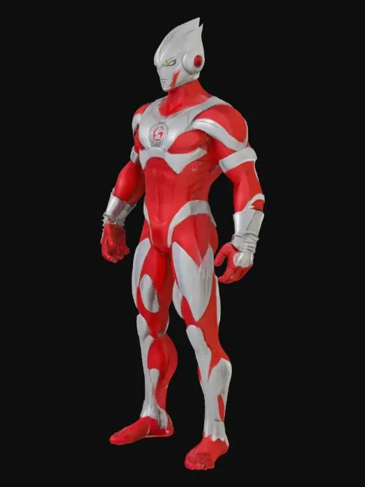 3D model for 杰克奥特曼，红银双色为主体的奥特战士，背部V形纹路，40米身高，流线型肌肉结构，昭和特摄风格，皮套材质橡胶质感，MAT队成员乡秀树变身，意念变身，奥特手镯，斯派修姆光纤发射姿势，头身比1:7，肩宽比例1.2:1，