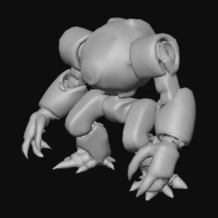 3D model for A massive, angular mechanical monster bot with heavy, gunmetal grey plating and exposed hydraulic pistons. Its multi-jointed limbs terminate in sharp claws, while a crimson optical sensor glows intensely. Surfaces feature worn scratches and metallic sheens, revealing a robust, intimidating structure with integrated weapon systems. The tactile quality is cold, hard metal.
