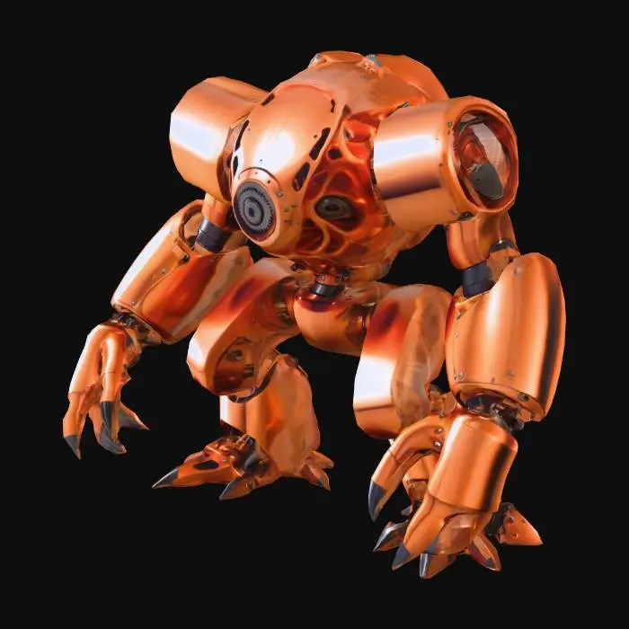 3D model for A massive, angular mechanical monster bot with heavy, gunmetal grey plating and exposed hydraulic pistons. Its multi-jointed limbs terminate in sharp claws, while a crimson optical sensor glows intensely. Surfaces feature worn scratches and metallic sheens, revealing a robust, intimidating structure with integrated weapon systems. The tactile quality is cold, hard metal.