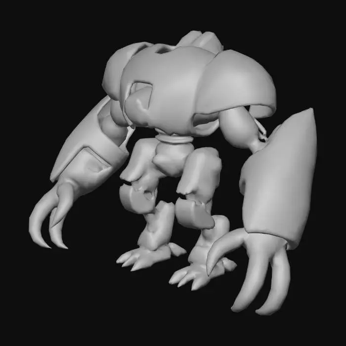 3D model for A massive, angular mechanical monster bot with heavy, gunmetal grey plating and exposed hydraulic pistons. Its multi-jointed limbs terminate in sharp claws, while a crimson optical sensor glows intensely. Surfaces feature worn scratches and metallic sheens, revealing a robust, intimidating structure with integrated weapon systems. The tactile quality is cold, hard metal.
