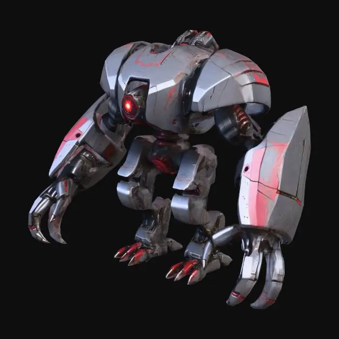 3D model for A massive, angular mechanical monster bot with heavy, gunmetal grey plating and exposed hydraulic pistons. Its multi-jointed limbs terminate in sharp claws, while a crimson optical sensor glows intensely. Surfaces feature worn scratches and metallic sheens, revealing a robust, intimidating structure with integrated weapon systems. The tactile quality is cold, hard metal.