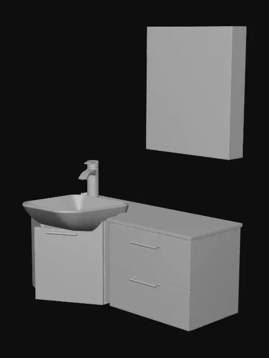 3D model for Create a modern, intimate Scandinavian-style bathroom corner in realistic 3D, including a smooth painted main wall with a mounted rectangular mirror (separate mirror surface mesh), a minimalist wall-mounted sink with a simple cabinet or drawer below, matte black or brushed metal faucet, subtle tiled floor, and a simple opposite wall visible in reflection; the space should feel calm, warm, softly lit, and slightly minimalist (warm gray/beige tones), with real-world scale, clean PBR materials, low-to-medium poly suitable for real-time rendering, no clutter or decorative excess, and no baked lighting or reflections — the mirror surface must be a separate neutral plane intended for real-time reflection rendering.