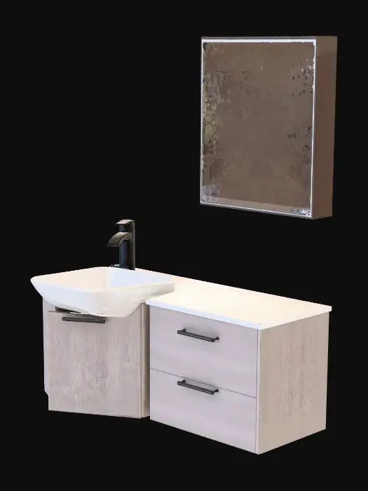 3D model for Create a modern, intimate Scandinavian-style bathroom corner in realistic 3D, including a smooth painted main wall with a mounted rectangular mirror (separate mirror surface mesh), a minimalist wall-mounted sink with a simple cabinet or drawer below, matte black or brushed metal faucet, subtle tiled floor, and a simple opposite wall visible in reflection; the space should feel calm, warm, softly lit, and slightly minimalist (warm gray/beige tones), with real-world scale, clean PBR materials, low-to-medium poly suitable for real-time rendering, no clutter or decorative excess, and no baked lighting or reflections — the mirror surface must be a separate neutral plane intended for real-time reflection rendering.
