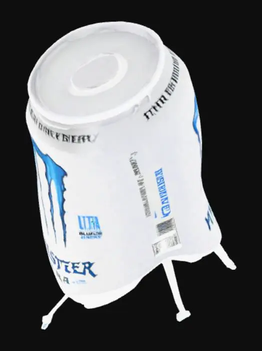 3D model for Цилиндрическое существо, напоминающее банку Monster Energy Ultra, с гладкой металлической поверхностью серебристо-белого цвета. На его теле отчётливо видны синие и чёрные детали логотипа и надписей. Оно опирается на четыре тонкие, но крепкие лапки, равномерно расположенные вокруг основания, придавая ему стабильный, немного приземистый вид. Общая форма обтекаемая и кажется прохладной на ощупь, а текстура гладкая.