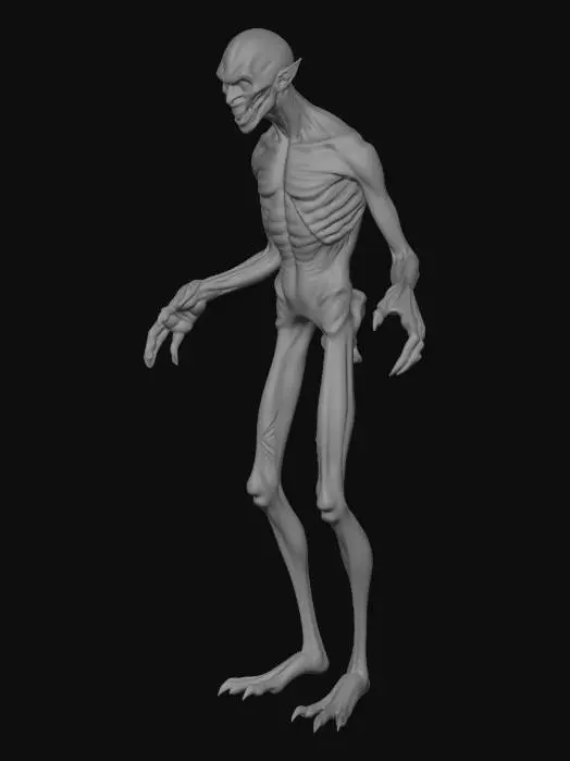 3D model for hombre humanoide con extremidades largas mountroso con dientes sobresalientes y ojos oscuros