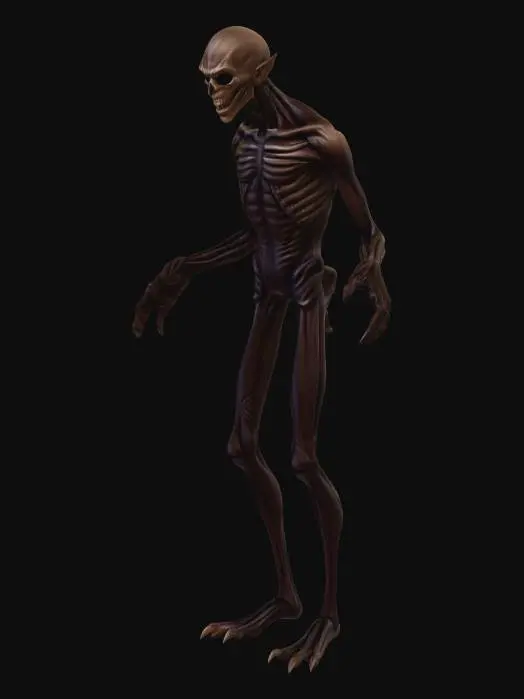 3D model for hombre humanoide con extremidades largas mountroso con dientes sobresalientes y ojos oscuros