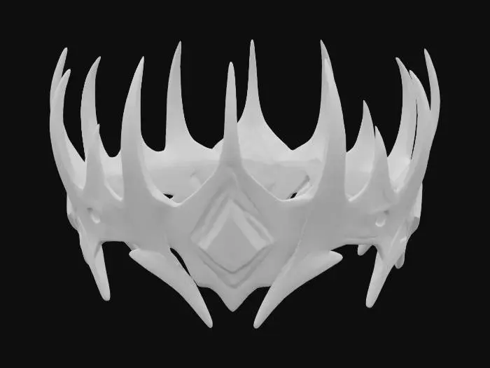 3D model for alien cybernetic crown with a purple dark crystal in the center, energy flowing from the crystal to the rest of the crown, all made of a shiny slate metal