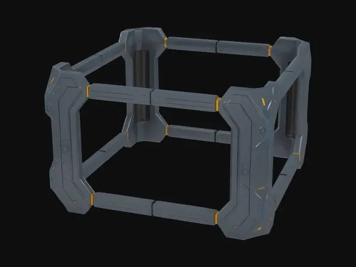 3D model for an internal lab futuristic fence section, made of dark gray shiny metal.